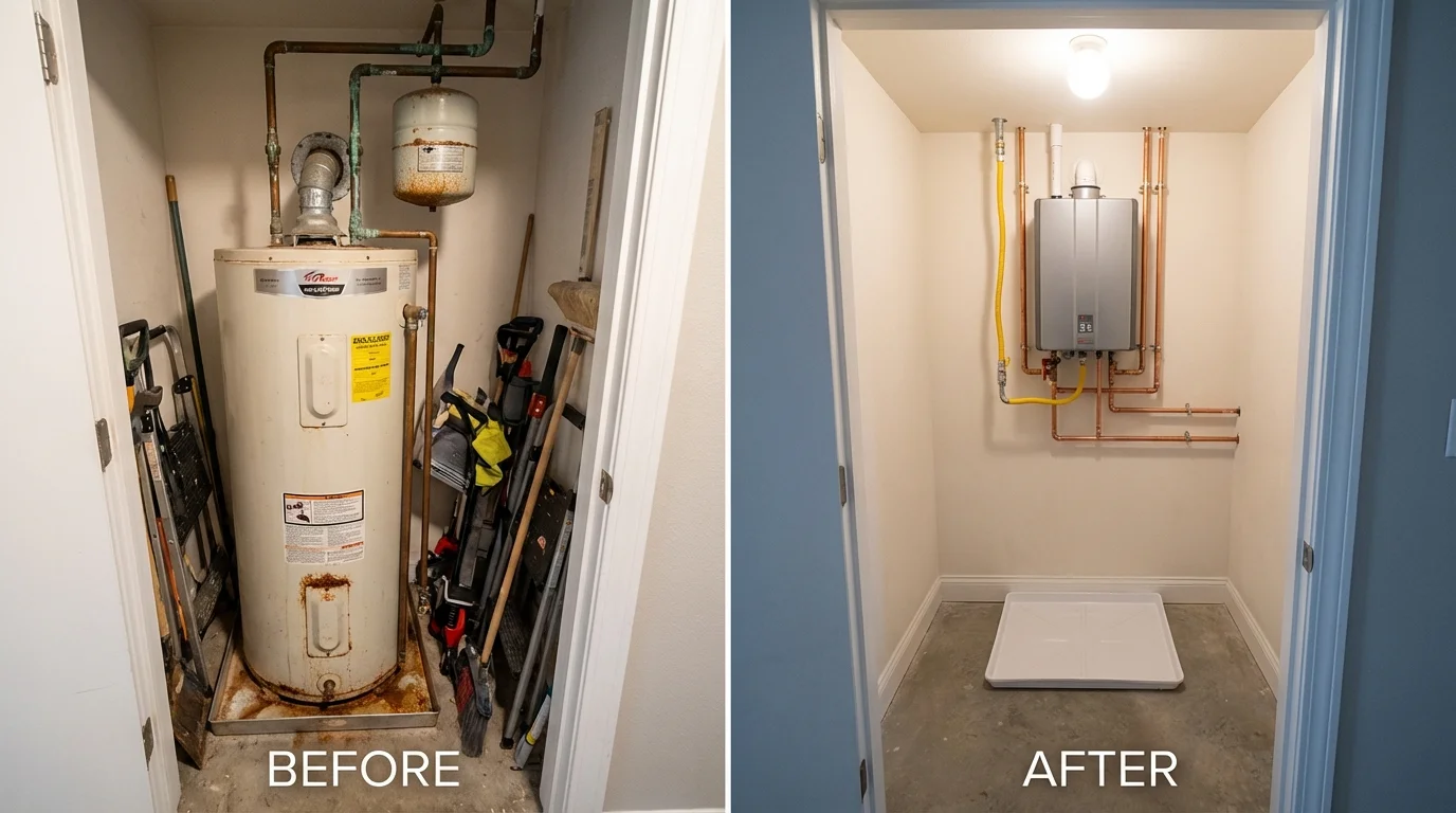 Tank water heater versus wall-mounted tankless unit comparison for Brewster, NE homeowners