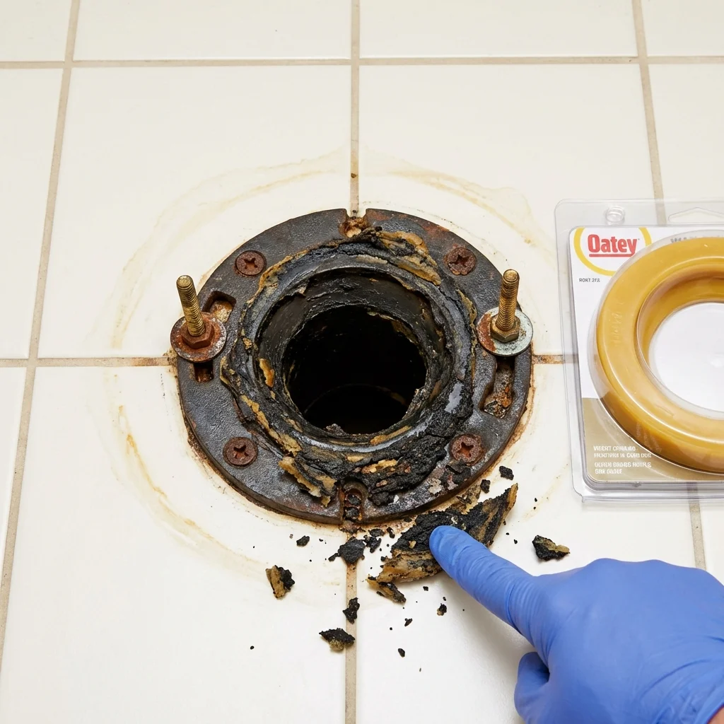 Failed wax ring showing water seepage at the base of a toilet in a Brewster, NE home