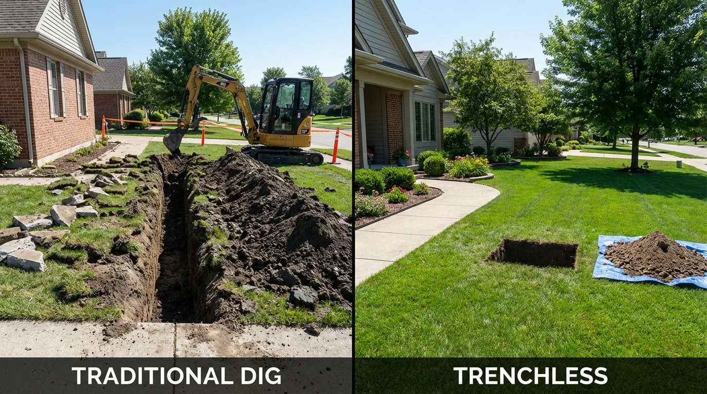 Trenchless sewer repair with minimal yard damage versus traditional excavation in Brewster, NE